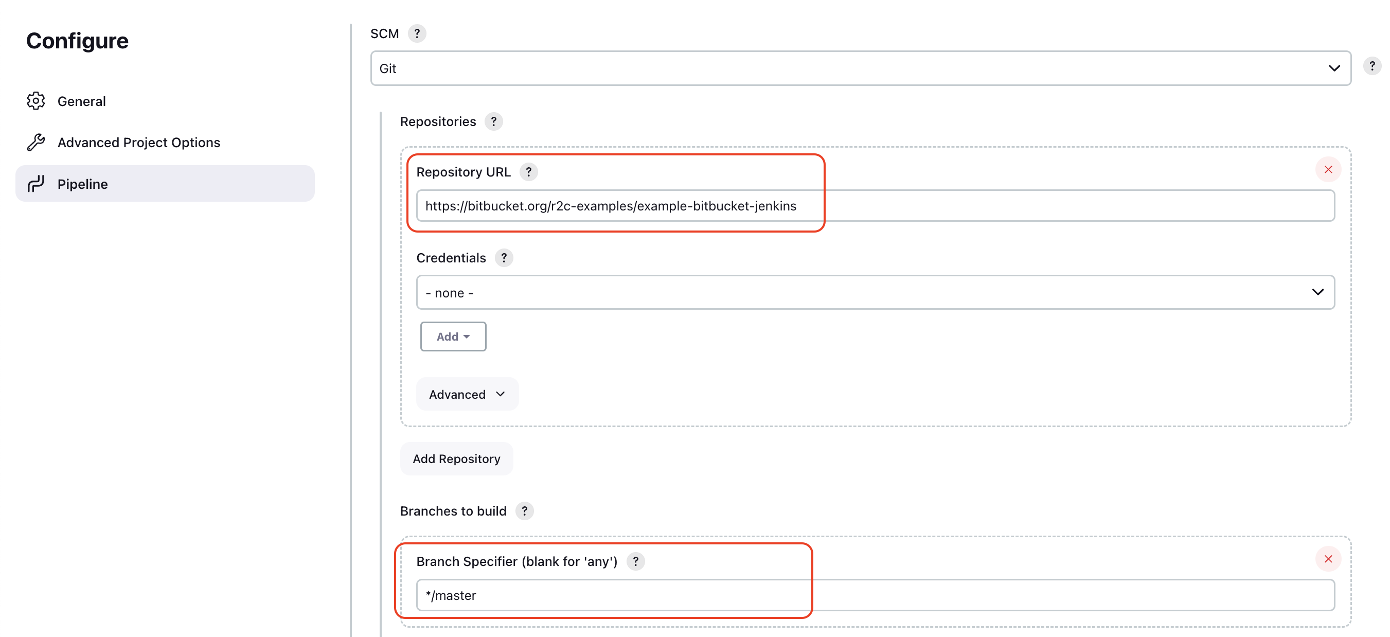 Pipeline section > Repository URL and Branch Specifier examples.
