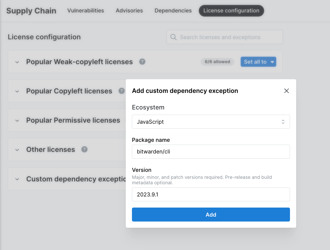 Semgrep AppSec Platform's Add custom exception window