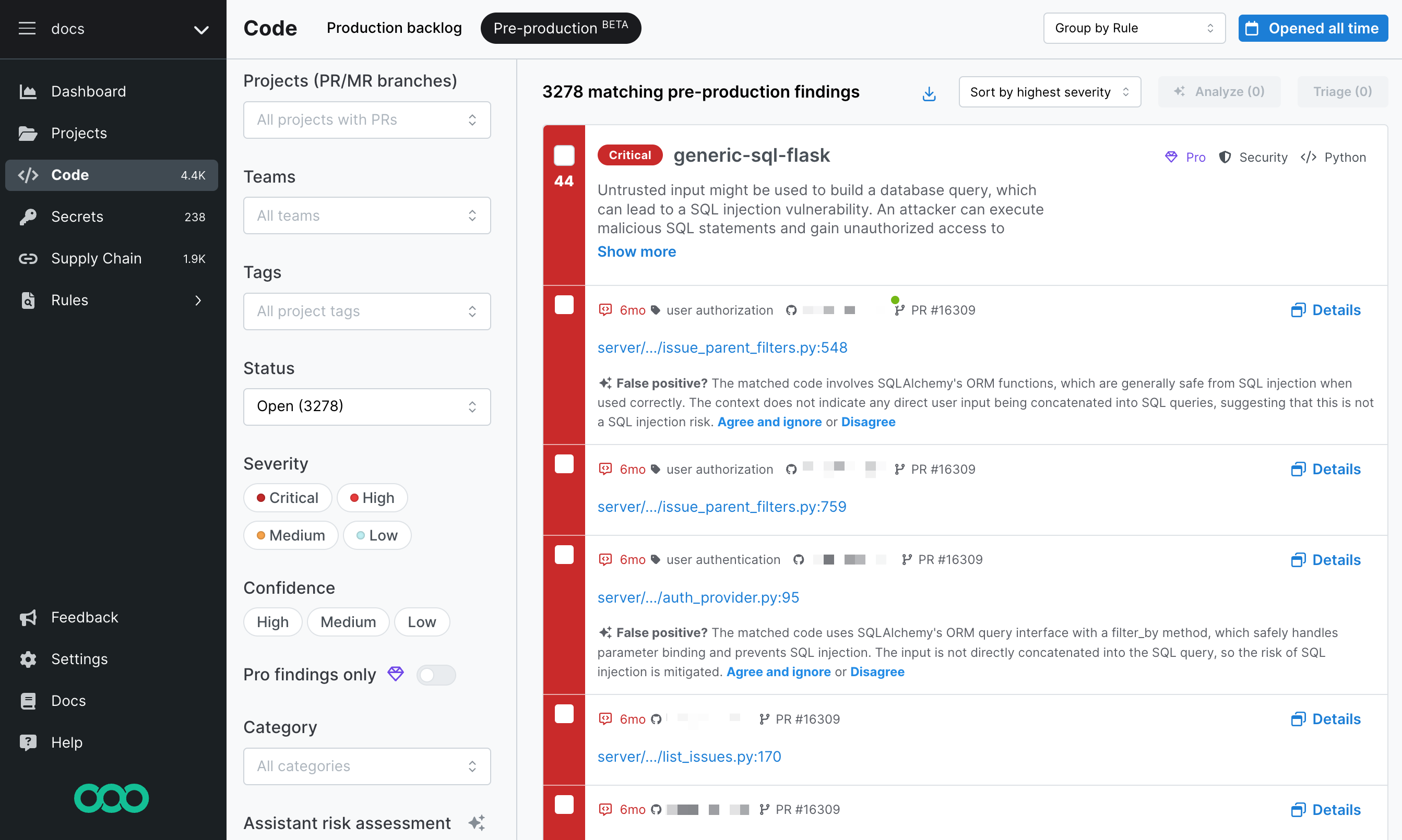 Semgrep AppSec Platform's Pre-production backlog page