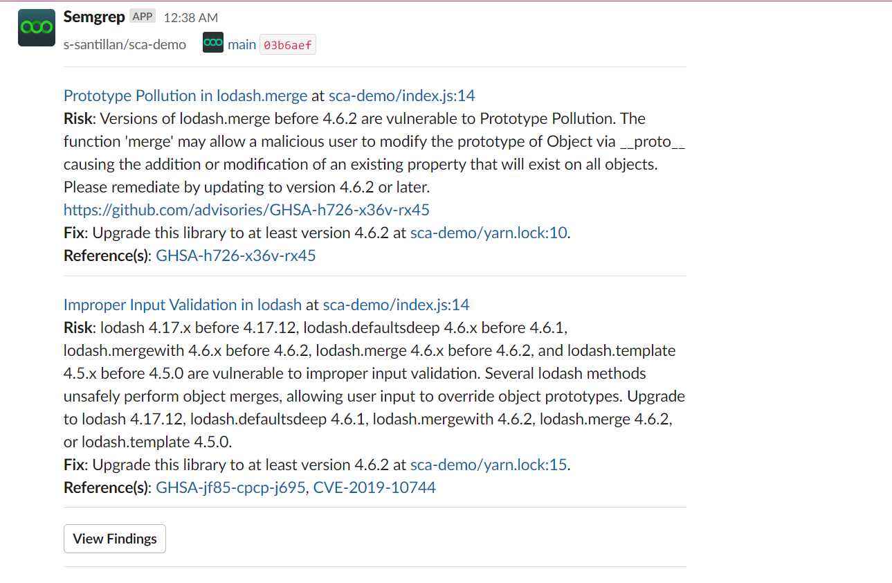 Message from Semgrep Slack app consolidating findings after a scan Message from Semgrep Slack app consolidating findings after a scan