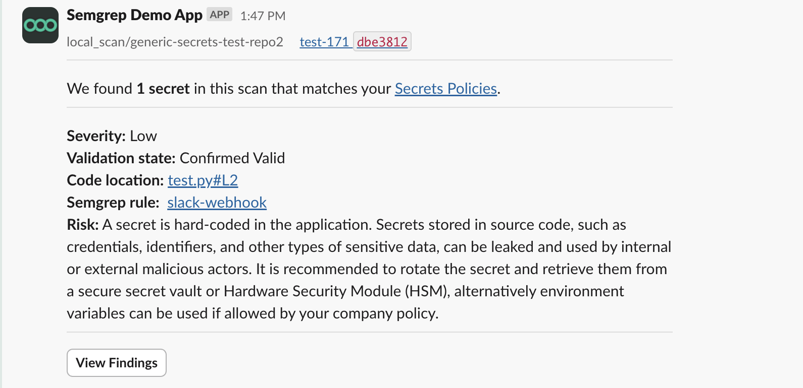 Message from Semgrep Slack app consolidating findings after a scan Message from Semgrep Slack app consolidating findings after a scan